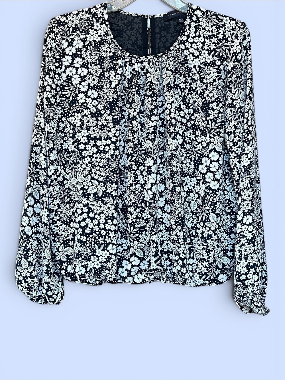 Tommy Hilfiger Blouse Floral Chiffon Sz S LIKE NEW‎ Dark Blue White